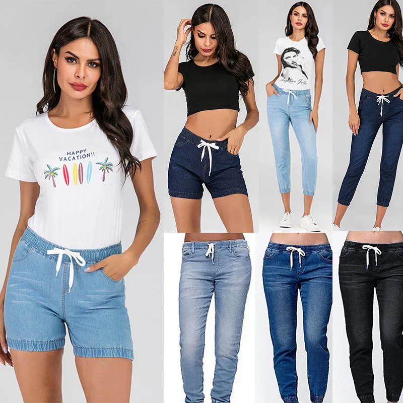 Kvinnor Jeans Blue Ladies Kvinna Washed Denim Skinny Pencil Pants Leggings Shorts Street Wear Will and Sandy Drop Ship