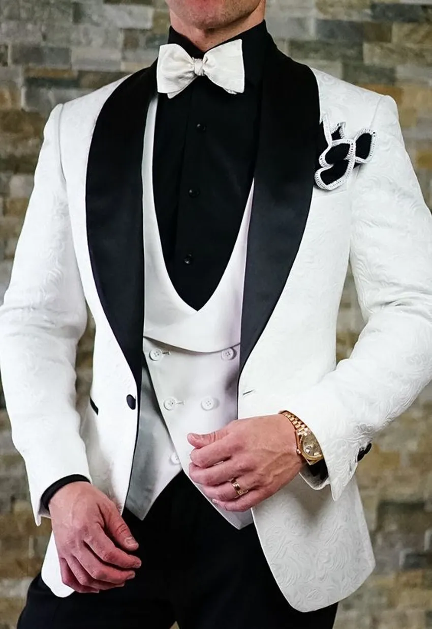 Mode Vit Embossing Groom Tuxedos Sjal Lapel Groomsman Bröllop 3 Piece Suit Män Business Prom Jacka Blazer (Jacka + Byxor + Tie + Vest) 88