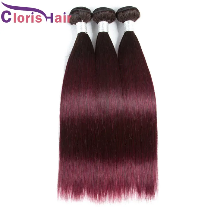 Dark Roots Burgundy Malaysian Virgin Ombre Weave Bundles 1B / 99J Silky Rak Mänsklig Hår Dubbel Väft Billiga Vin Rödfärgade Extensions 3pcs