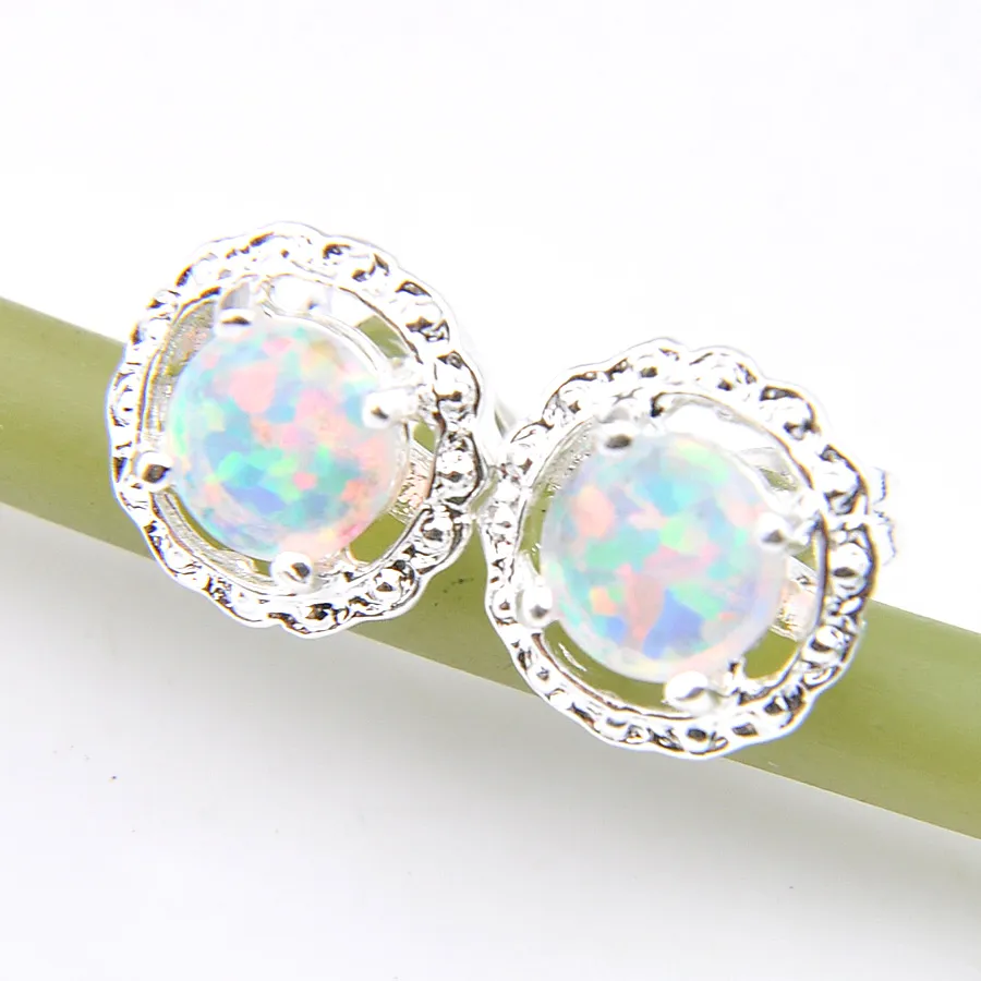 Wholesale 12 Pairs / Lot Fashion Jewelry Rose Round Fire Opal Gemstone 925 Sterling Silver Plated USA Stud Wedding Earrings E0339