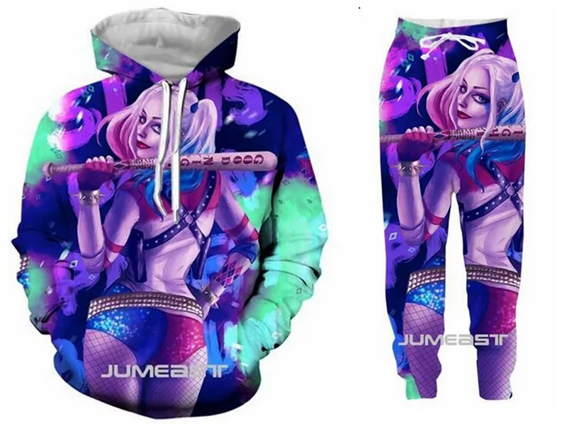 Neueste Mode 3D-Druck Lustige Joker Harley Quinn Hoodies/Kapuzenpullover + Hosenanzug Kleidung für Damen/Herren K03