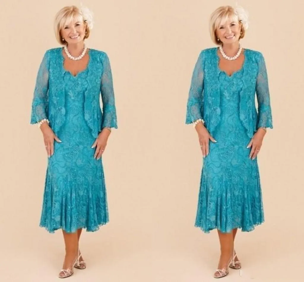 Mother Off Bride Dresses V Neck Turquoise Full Lace Long Sleeves Tea Length Sheath Plus Size Mother Of The Bride Dress With Jacket