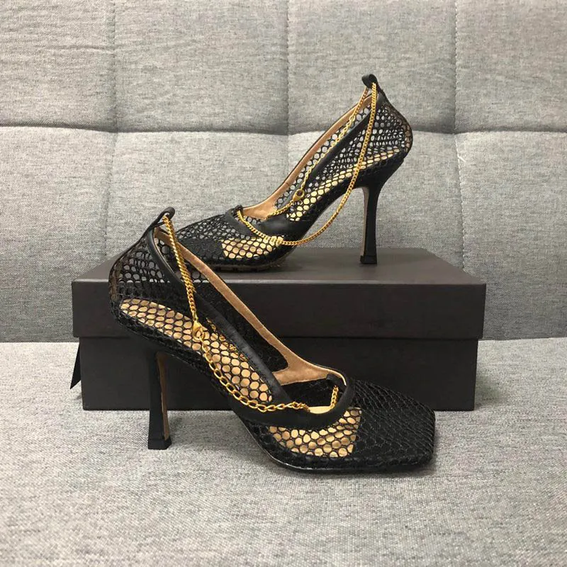 Luxury designer high heels Square toe dress shoes MESH AND BERRY CALFSTRETCH PUMPS Women Sexy chain sandal Schuhe Fashion STRETCH PUMPS