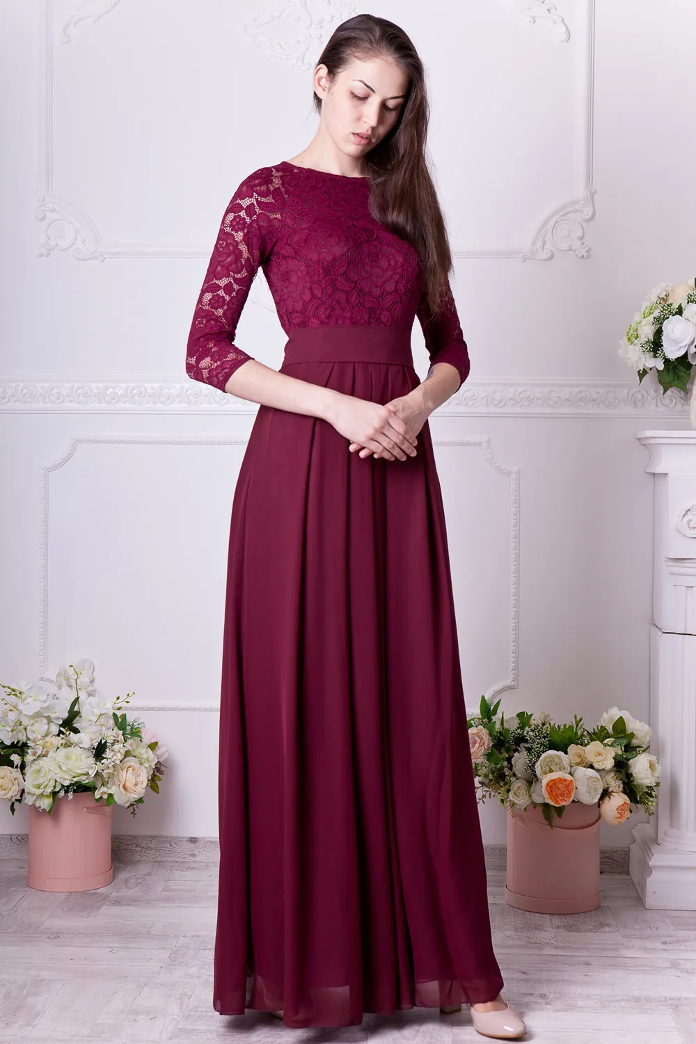 2019 Bourgogne Dentelle En Mousseline De Soie Longue Modeste Robes De Demoiselle D'honneur Avec Manches 3/4 Jewel Neck Femmes Modeste Robe De Soirée De Mariage Sur Mesure