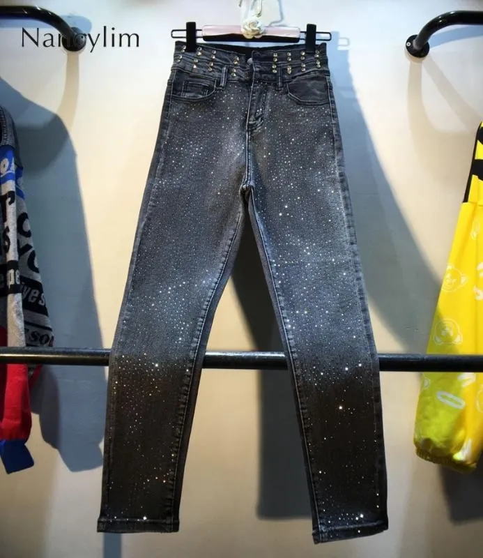 Jeans studded outono mulheres 2020 outono novo pesado diamante-embutido engomar diamante alta cintura magro elástico nove centavos jeans calças
