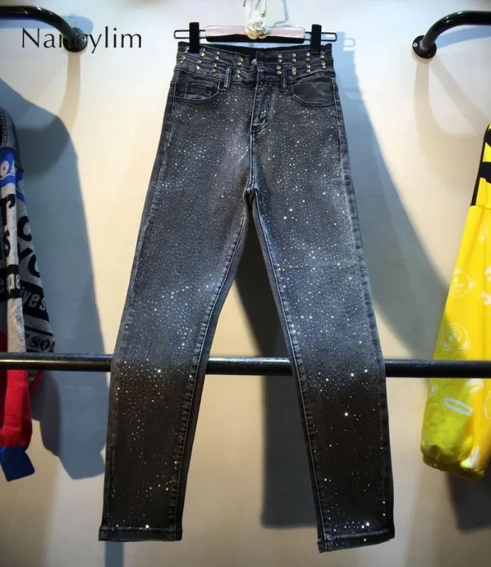 Automne clouté jean femmes 2020 automne nouveau lourd diamant incrusté repassage diamant taille haute mince élastique neuf cents jean pantalon