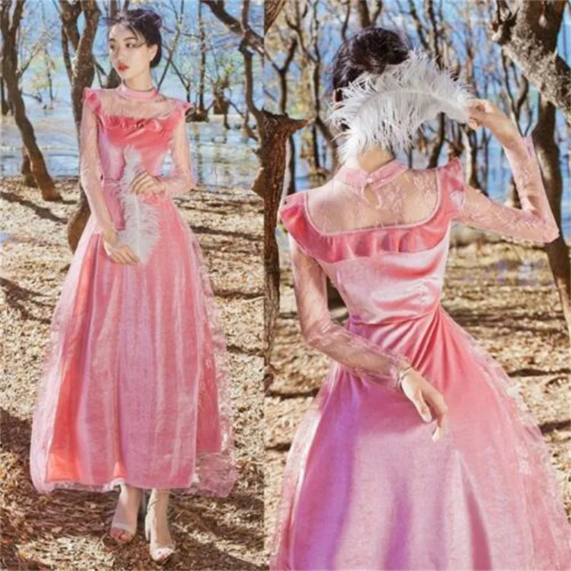 2020 Pink A-line Elegant Evening Dresses Jewel Long Sleeve Lace Satin Bridal Gown Sweep Train Custom Made Formal Party Gown