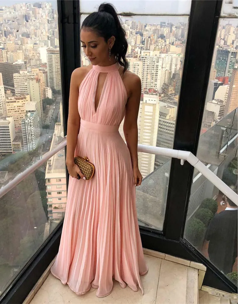 Sexy Halter Keyhole Neck Prom Dresses 