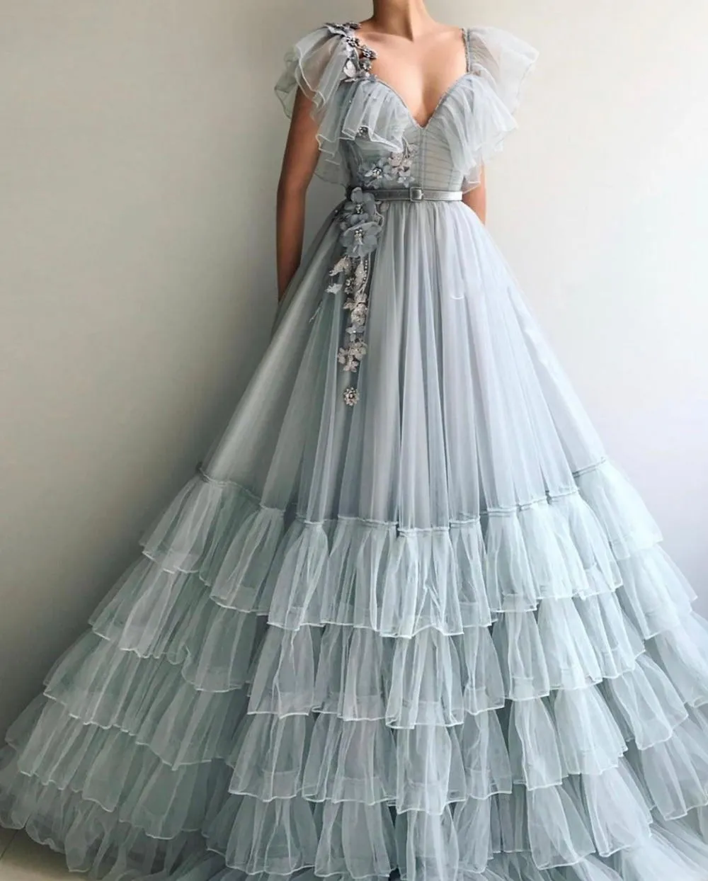 robe de soiree A Line Evening Dress Light Blue V Neck Tulle Flowers Dubai Saudi Arabic Long Evening Gown Party Dress