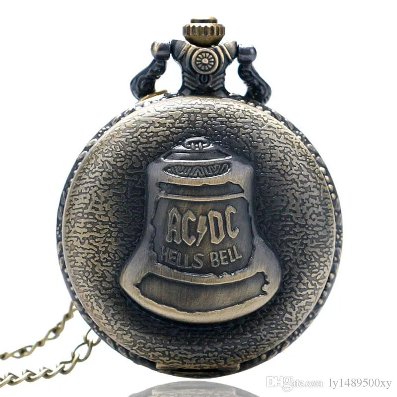 Vintage Bronze ACDC Hells Bell Quartz Pocket Watch Chain Necklace Men