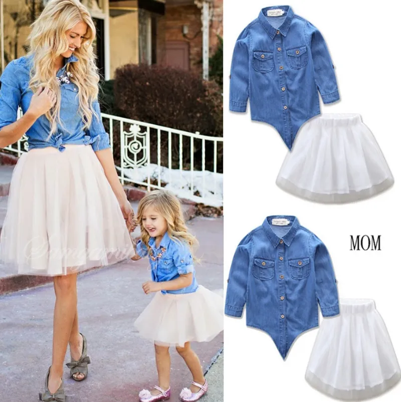 Family Matching Outfits INS Mother Daughter Cowboy Tops Skirts 2PCS Sets Mom Kids Family Clothes Set Summer Adult Kids Clothing DHW2092