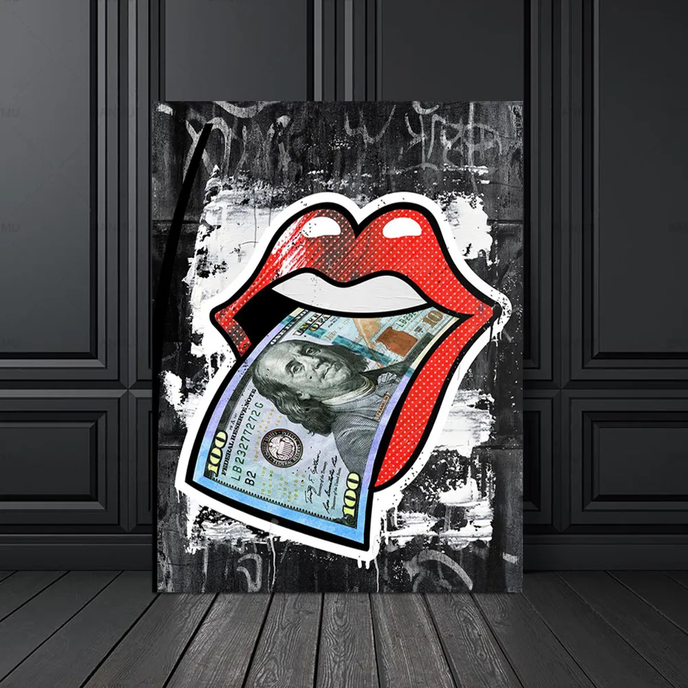 Wand-Kunstdrucke, Poster, sexy rote Lippen, US-Dollar-Geld, moderne Leinwandgemälde für Wohnzimmer, Heimbüro, Dekor, ungerahmt