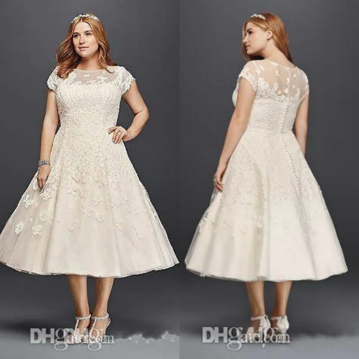 Vintage Plus Size Tea Length Wedding Dresses A Line Garden Outdoor Short Sleeve Holiday Beach Sheer Back Bridal Gowns