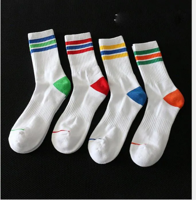 Fall and Winter Men's High Socks Towel Bottom Ring Thickening Stripe Sports Pure Cotton Sweat Absorption Fashion White Socks