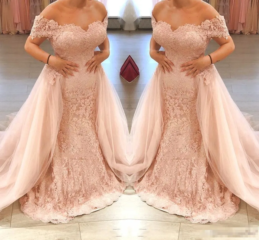 2019 Elegante erröten rosa lange Abendkleider Spitze Tüll formale Partykleider schulterfrei Meerjungfrau Prom Party Kleider