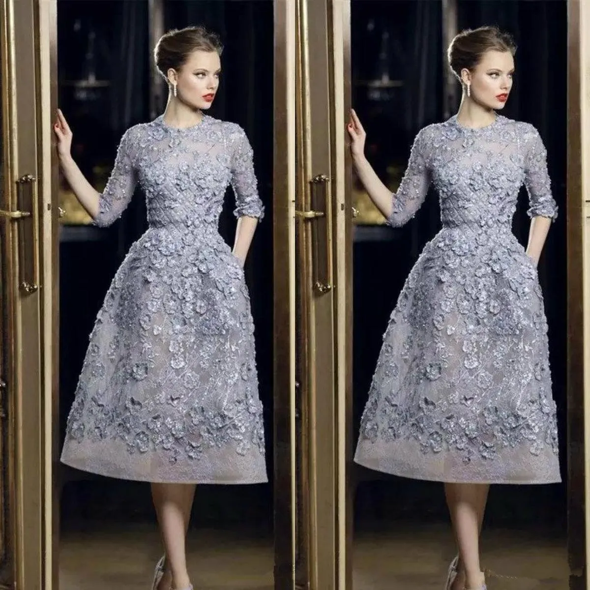 Sexy Formal Party Celebrity Dress Customized Elie Saab Evening Dresses Elegant Lace Applique A-Line Prom Gowns 3 4 Long Sleeve Tea275B