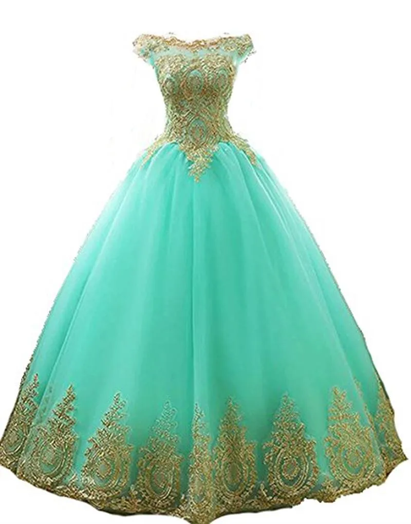 Abiti da ballo lunghi in oro verde chiaro 2019 Robe de Soiree con scollo a barchetta con abito da ballo applicato abito da ballo sexy abito da sera