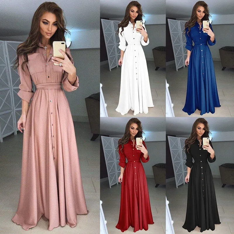 جديد أوروبا أزياء المرأة فستان طويل سيدة أزرار كم طويل الرباط حتى فساتين عادية 5 ألوان vestidos C3935