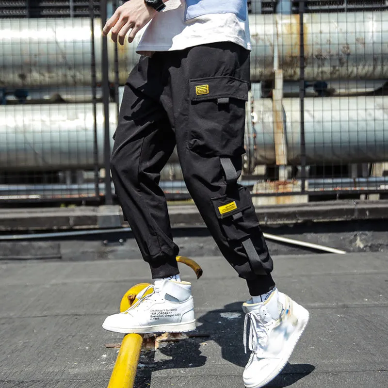 Projektant marki Spring Hip Hop Joggers Men Black Harem Multi-Pocket Ribbons Man Spita Streetwear Casual Mens Spodnie