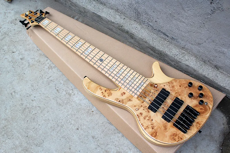 Guitare basse électrique à 6 cordes en bois naturel de couleur personnalisée en usine avec placage de grain Burly, matériel noir, touche en érable, offre personnalisée