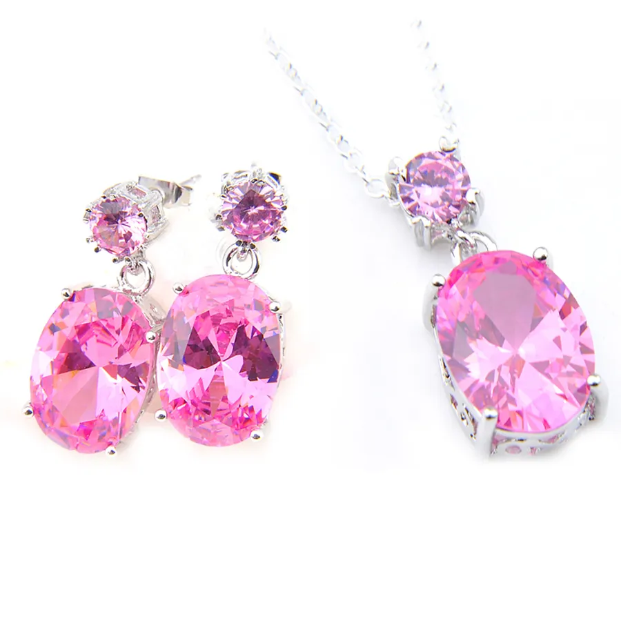 Holiday Gift Sets 2 Sztuk 1 Zestaw Owalne Różowy Kunzite Gemstone Luckyshine Srebrny Urok Kobiet CZ Wisiorki Kolczyki Zestawy Biżuterii