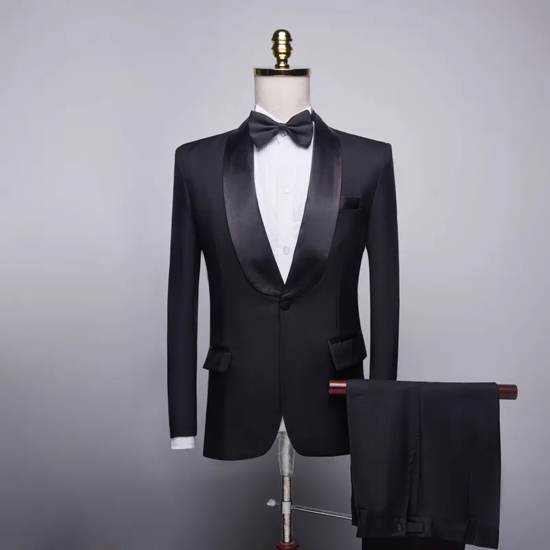 Customize Shawl Lapel Handsome Black Groom Tuxedos Groomsmen Best Man Suit Mens Wedding Suits Bridegroom (Jacket+Pants+Bow Tie)