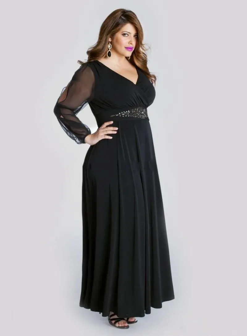 Black V-Neck Chiffon amazon formal dress with Beaded Sashes and Long Sleeves - Plus Size Evening Wear and Party Gown