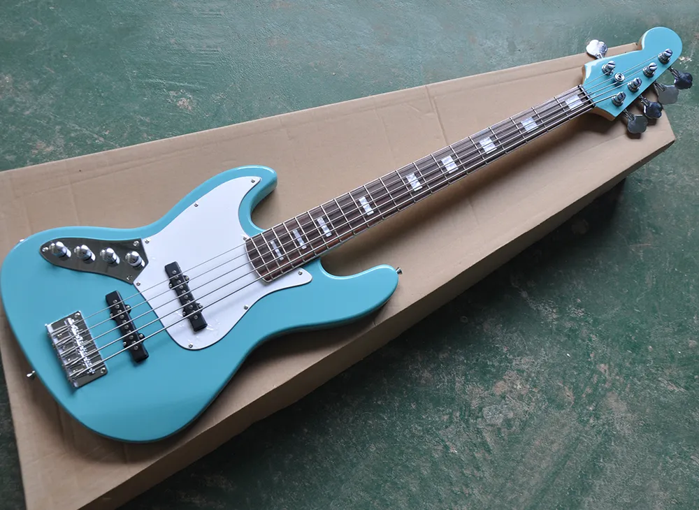 Blauw linkshandig 5 snaren elektrische basgitaar met actieve circuit, palissander fretboard met witte binding