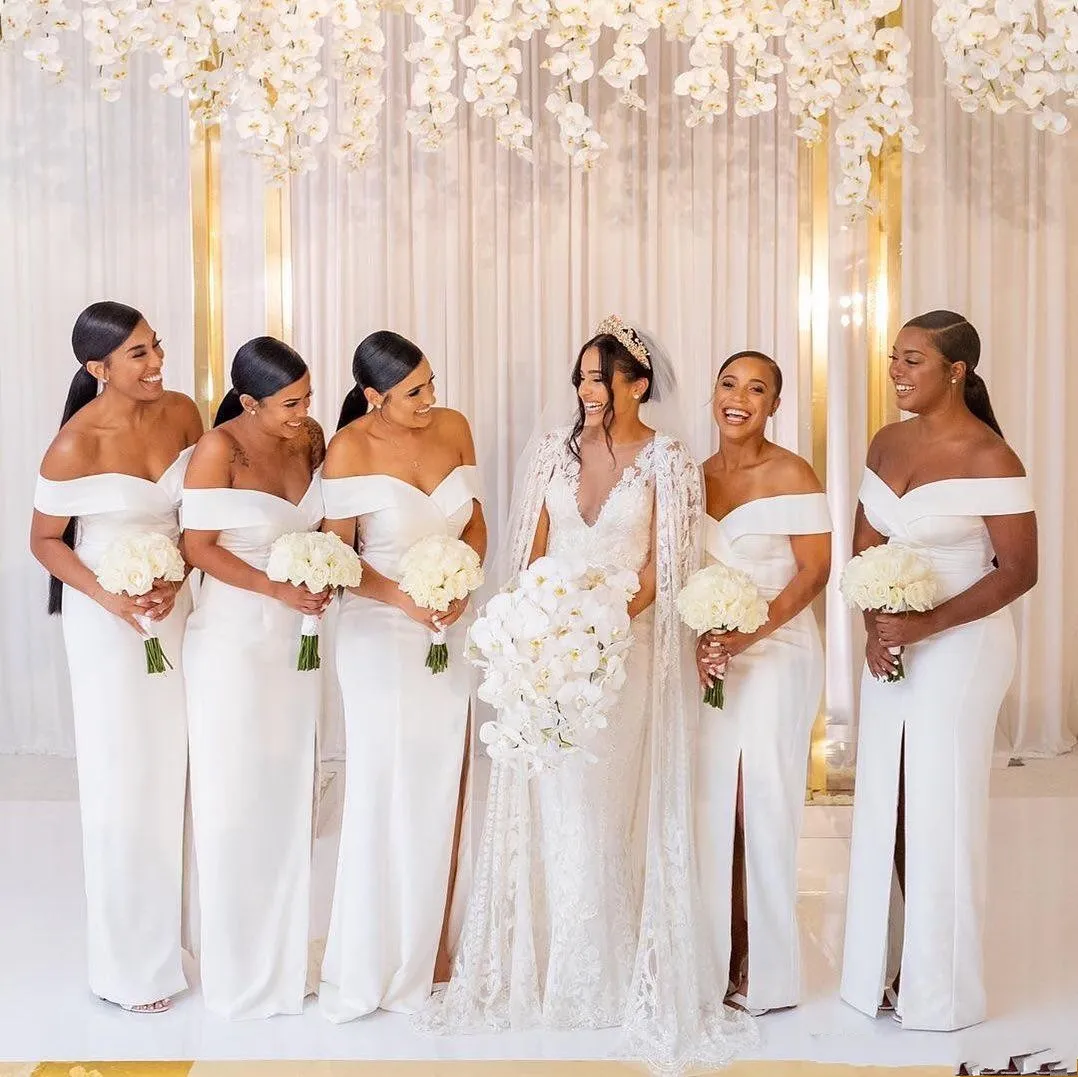 Plus Size Ivory Mermaid Ivory satin bridesmaid dresses with Side Slit, Off-Shoulder Pleats, Ruched Detailing, and Floor-Length Hemline - Perfect for