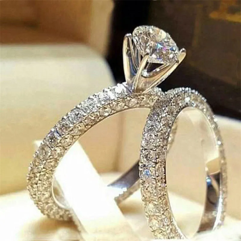 Diamond Crytal Cubic Zirconia Ring Side Stones Crown Wedding Bridal Rings Sets Wrap Bruid Mode-sieraden Drop Ship