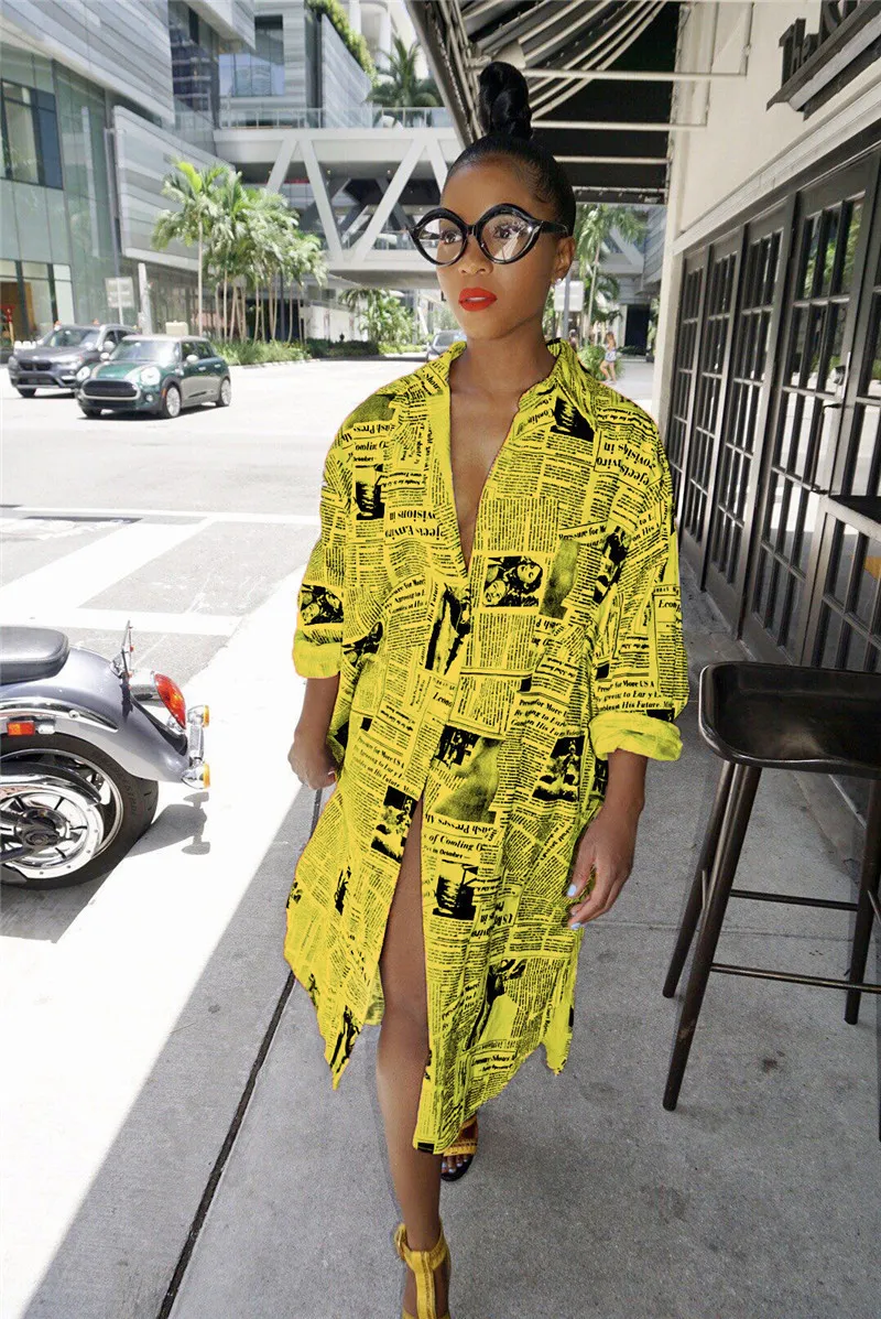 J190619 Newspaper Print Shirt Dress Women Long Sleeve From