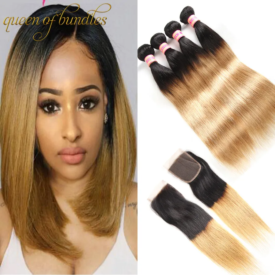 3 Bundles Mit Verschluss 1B 27 Honig Blonde Brasilianische Reine Haar Bundles Mit Spitze Verschluss 100 gr/teil Ombre Gerade menschliche Haarwebart