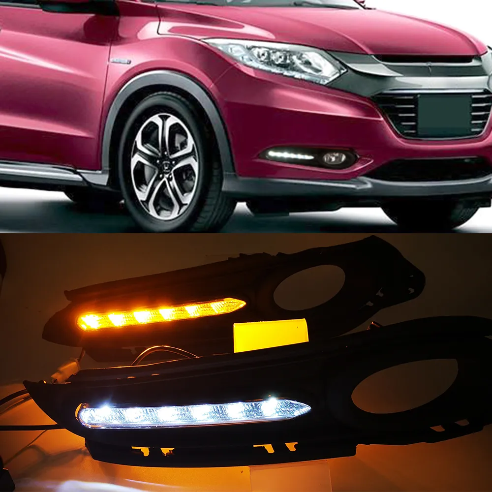 1 par DRL FOG LAMP-täckning Dagsljus med Turn Signal 12V Dagsljusbilstyling för Honda HRV HR-V VEZEL 2014 2015 2016