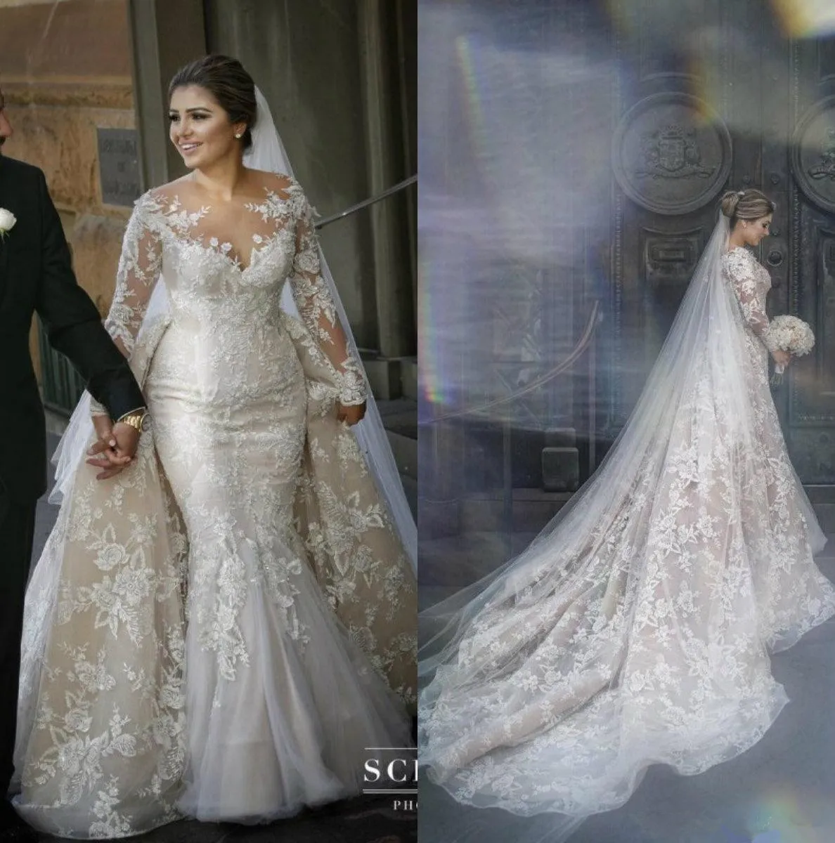 Vintage Mermaid Wedding Dresses With Detachable Train Arabic Lace Appliques Plus Size Wedding Dress Sheer Long Sleeves Bridal Gowns BC2575