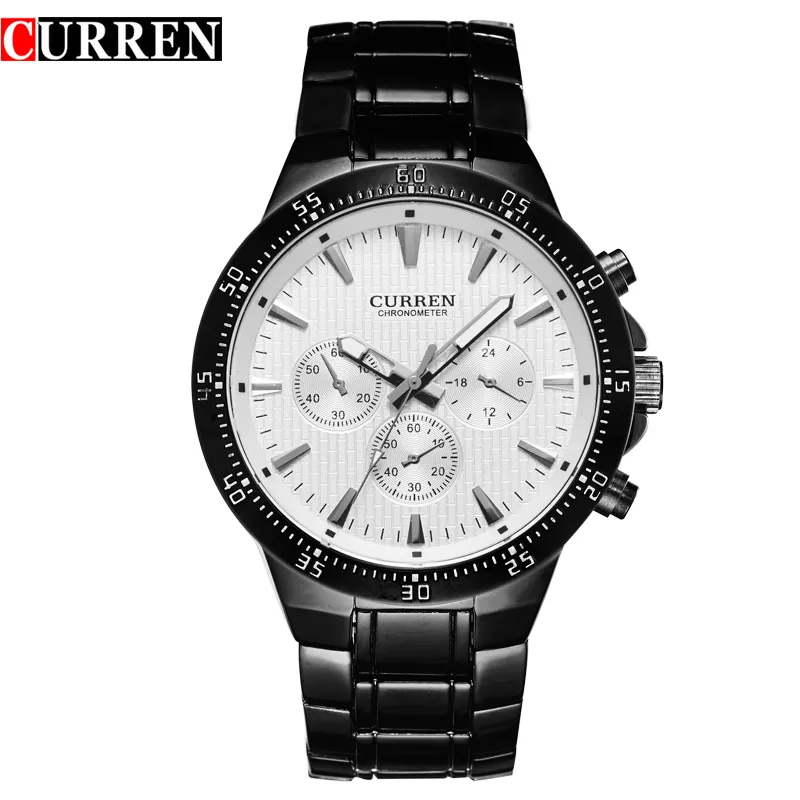 Curren Fashion Full Steel Quartz Men tittar på analog sport manlig armbandsur klassisk svartvit horlogar mannens saat reloj hombre