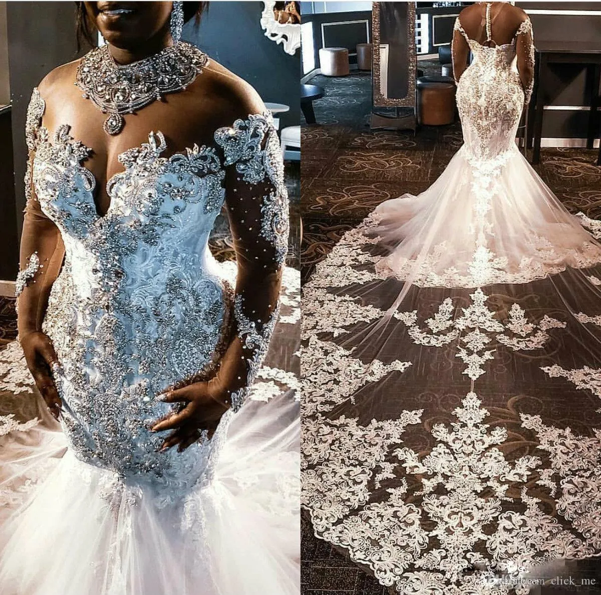 Afrikanische Meerjungfrau-Hochzeitskleider, luxuriöse Kristalle, große Perlen, lange Ärmel, Brautkleid in Übergröße, Applikationen, Spitze, Brautkleider