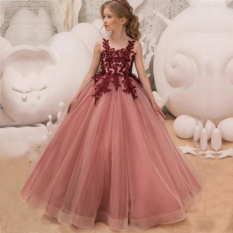 Rosa tutu klänning bröllop flickor ceremonier klänning barnkläder blomma elegant prinsessa formell festklänning för tonåring flickor