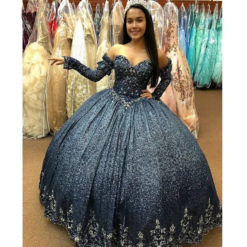 Azul marino con lentejuelas bal n vestido de quincea era vestidos de encaje sin espalda Applque partido dulce de manga larga 16 del desfile de vestido