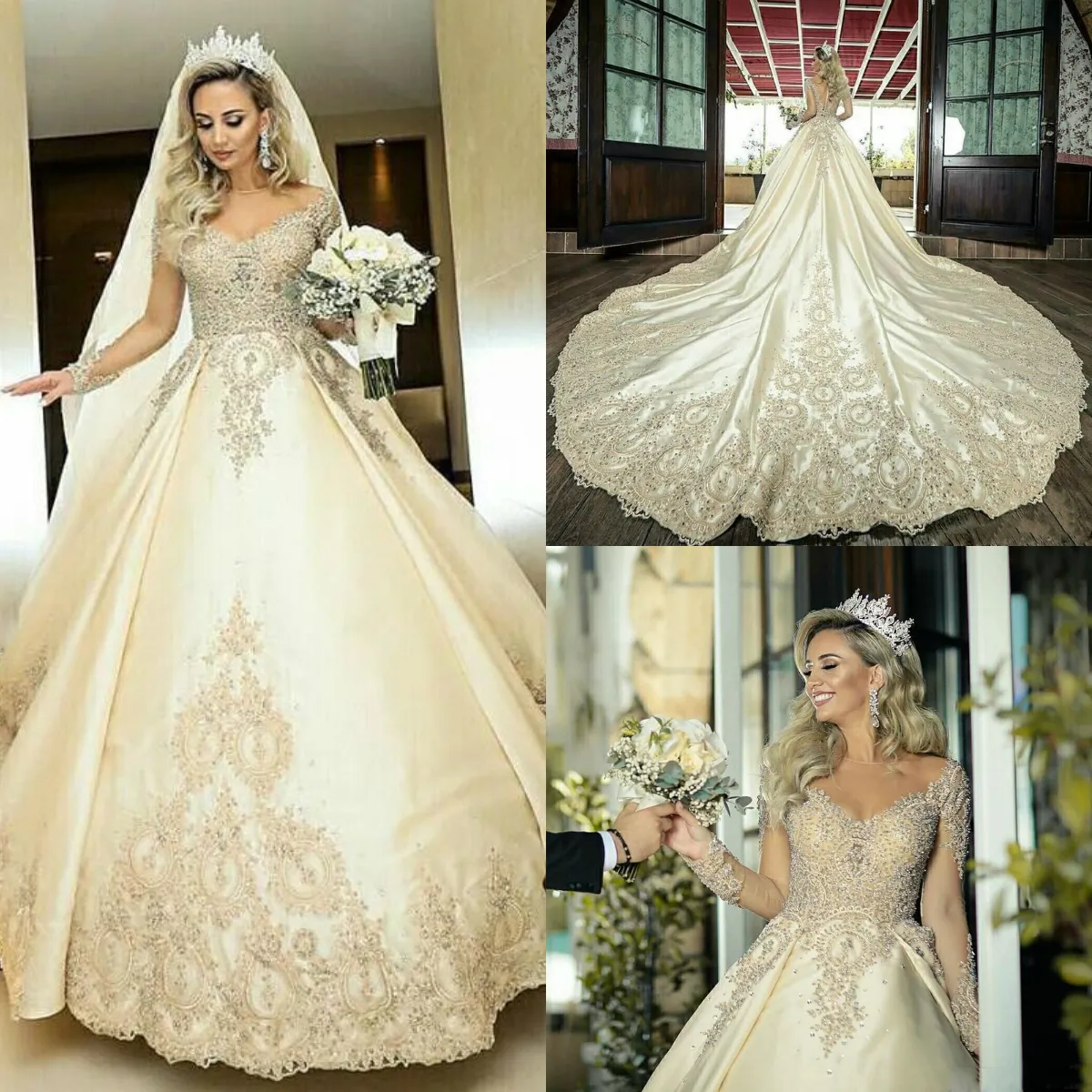 Vestidos de novia de talla grande vintage Rebordear Manga larga Cuello transparente Encaje Capilla Tren Vestido de novia Vestidos de novia por encargo