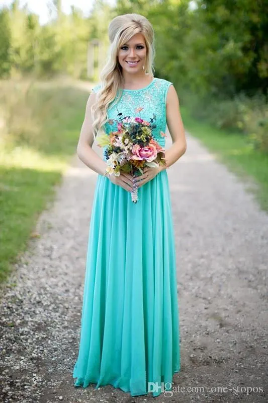 2019 New Teal Country Bridesmaid Dresses Scoop A Line Chiffon Lace V Backless Long Billiga brudtärna klänningar för bröllop BA1513338309V