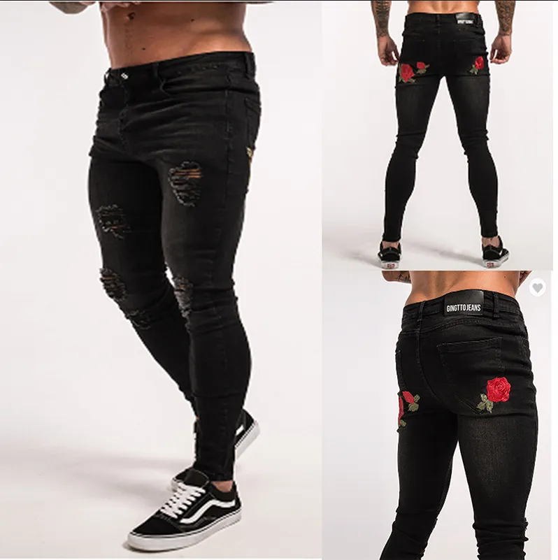 Мужские джинсы High Street Print брюки Мужские тонкие цветочные брюки тонкие ноги джинсы цвет черный плюс размер S-3XL