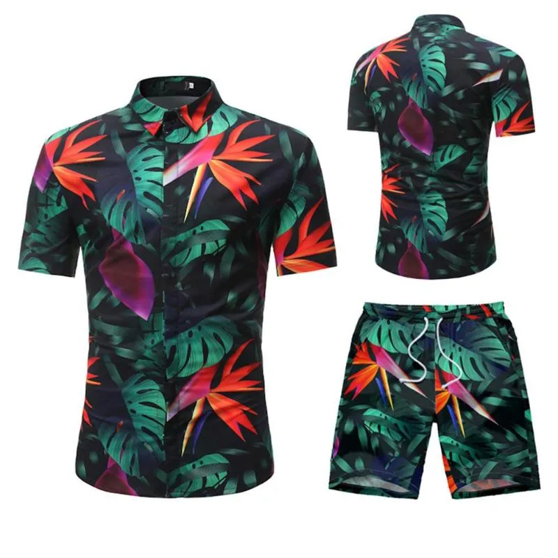 أزياء الصيف مجموعات الرجال 2 قطعة مجموعة طباعة حقق قصيرة الأكمام زر قميص شورتس البدلة تراكسويت الرجال روبا hombre زائد الحجم 2020