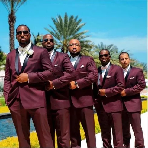 2020 Burgundy Mens Suits For Black Men Wedding Ceremony Shawl Lapel Groom Tuxedos Large Size Groomsmen Suits (Jacket+Pants+Bow)AL2404