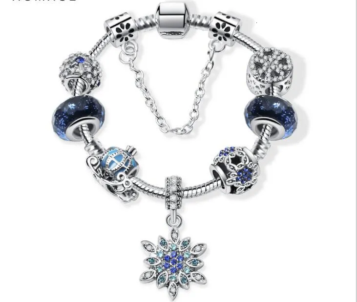 Contas de charme apto para pandora jóias 925 pulseiras de prata floco de neve pingente pulseira céu azul carrinho de abóbora encantos diy jóias com caixa de presente