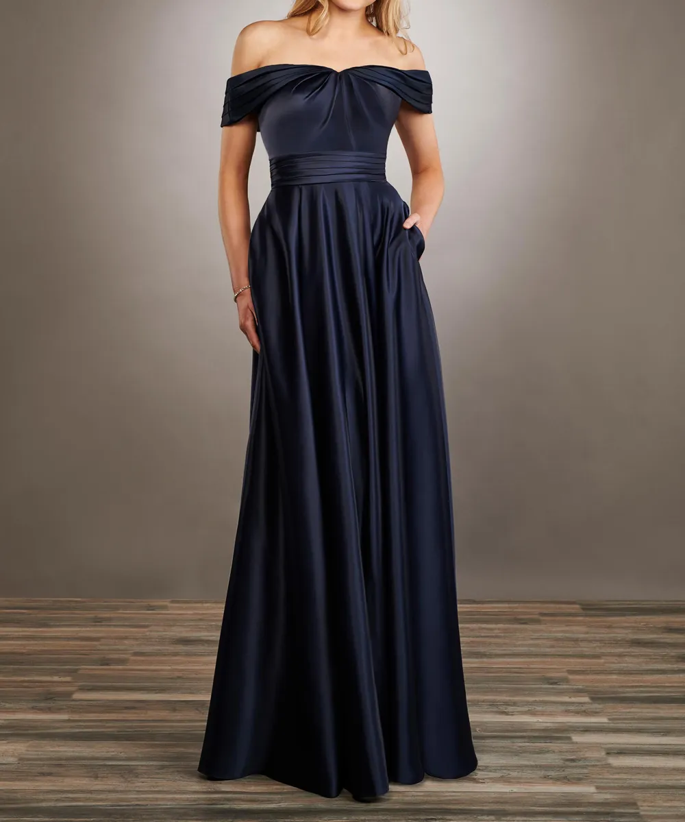 Stunning Satin A-line navy Satin bridesmaid dress with Spraped Bodice, Off-Shoulder Neckline, and Pockets Stunning Satin A-line navy Satin bridesmaid dress with Spraped Bodice, Off-Shoulder Neckline, and Pockets