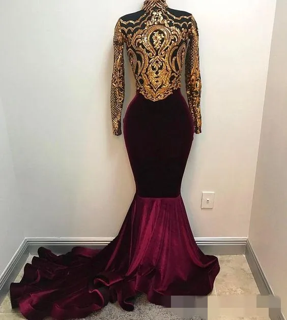 High 2019 Bury Neck Prom Kleider Veet Langarmes Gold Appliked Mermaid Custom Made Plus Size Arabic Sweep Train Evening Party -Kleider