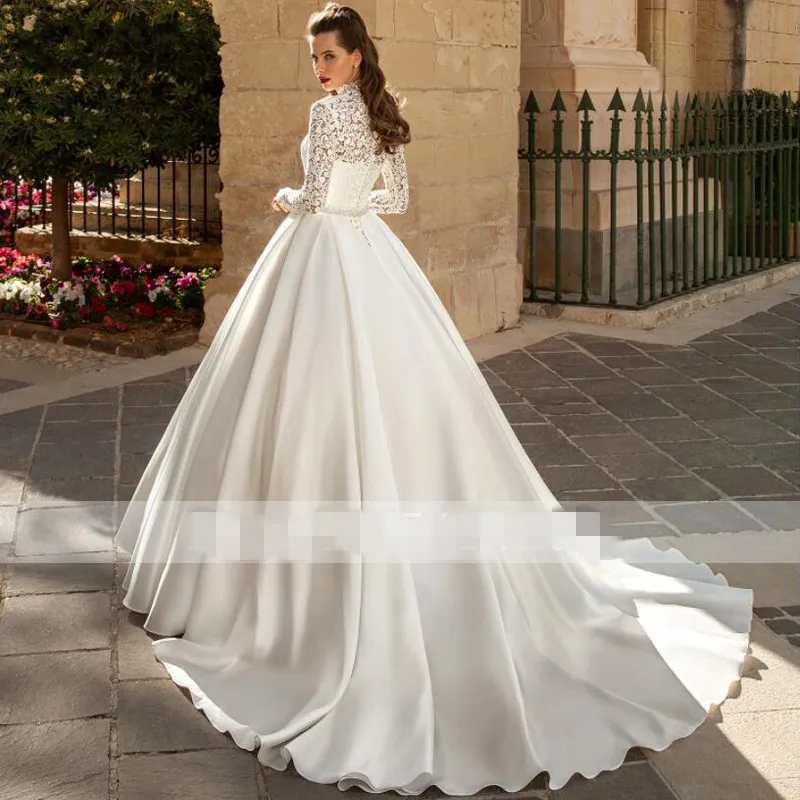 High Neck Satin Wedding Dress Boho Empire Waist Lace Long Sleeve Court  Train Backless from Dhgate Ball Gown Wedding Dresses - price 104.17