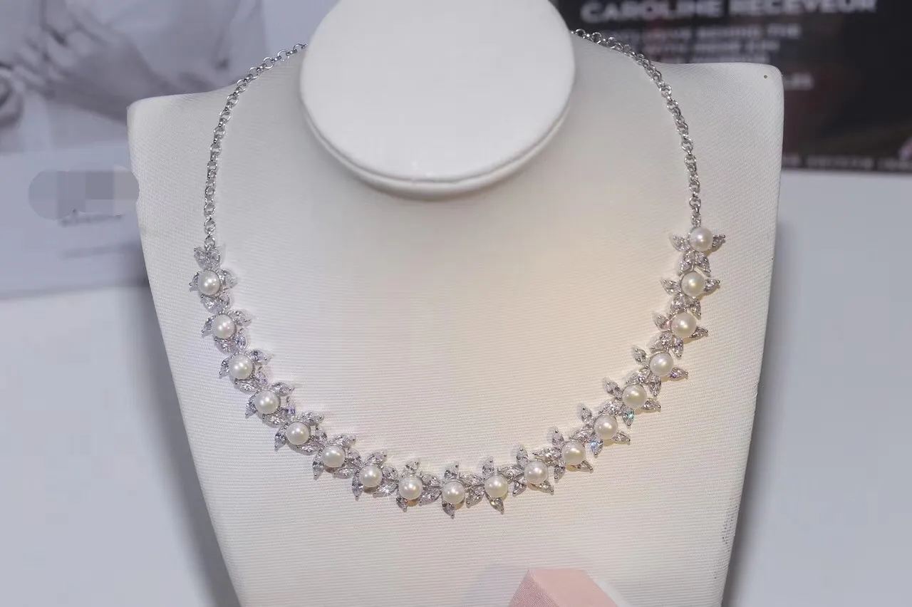 Mode- Zilver Verstelbare Slide Marquise Cut Clear Cubic Zirconia Leaf Tennis Choker Kettingen met natuurlijke parel voor vrouwen bruiloft