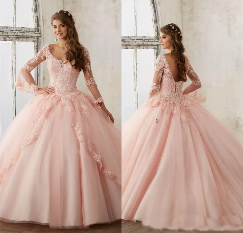 Bebé rosa azul vestidos de quinceañera 2019 encaje de manga larga con cuello en v vestidos de baile de máscaras dulce 16 vestido de princesa para niñas barato