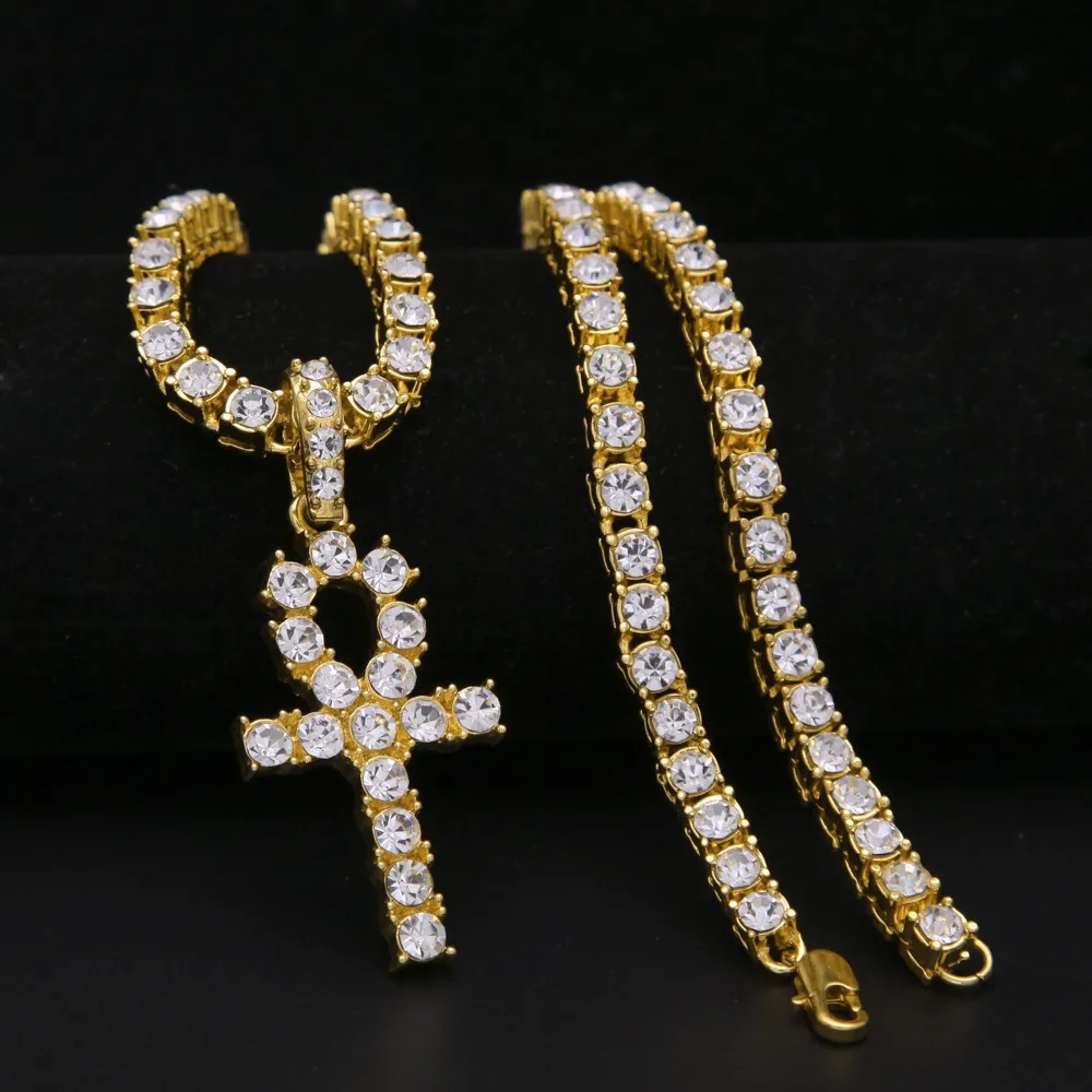 Hip Hop Iced Out Diamant Gold und Silber Ägyptischer Ankh Schlüssel des Lebens Kreuz Anhänger Tennis Kette Halskette Rapper Schmuck Geschenke für Männer Frauen